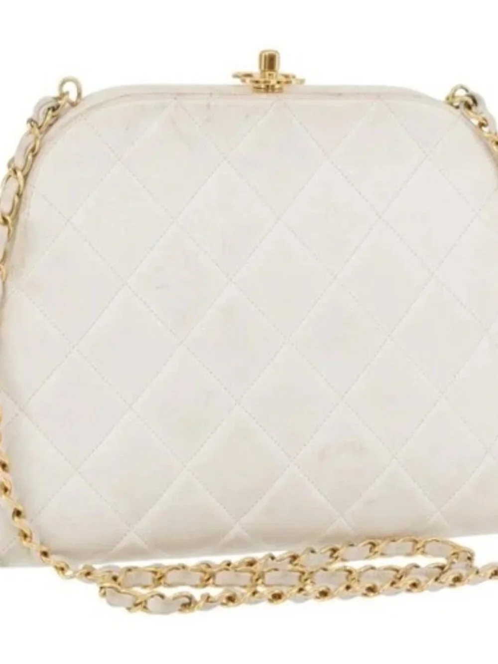 CHANEL Matelasse Chain Shoulder Bag Lamb Skin White Gold CC Auth 181776V